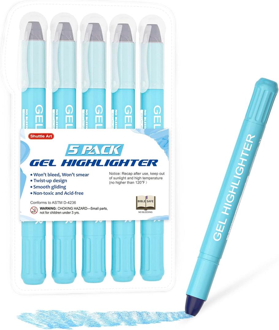 Shuttle Art 5 Pack Blue Gel Highlighters,Bible Highlighters,No Bleed Through, Bible Journaling Supplies,Great for Journaling, Highlighting and Studying