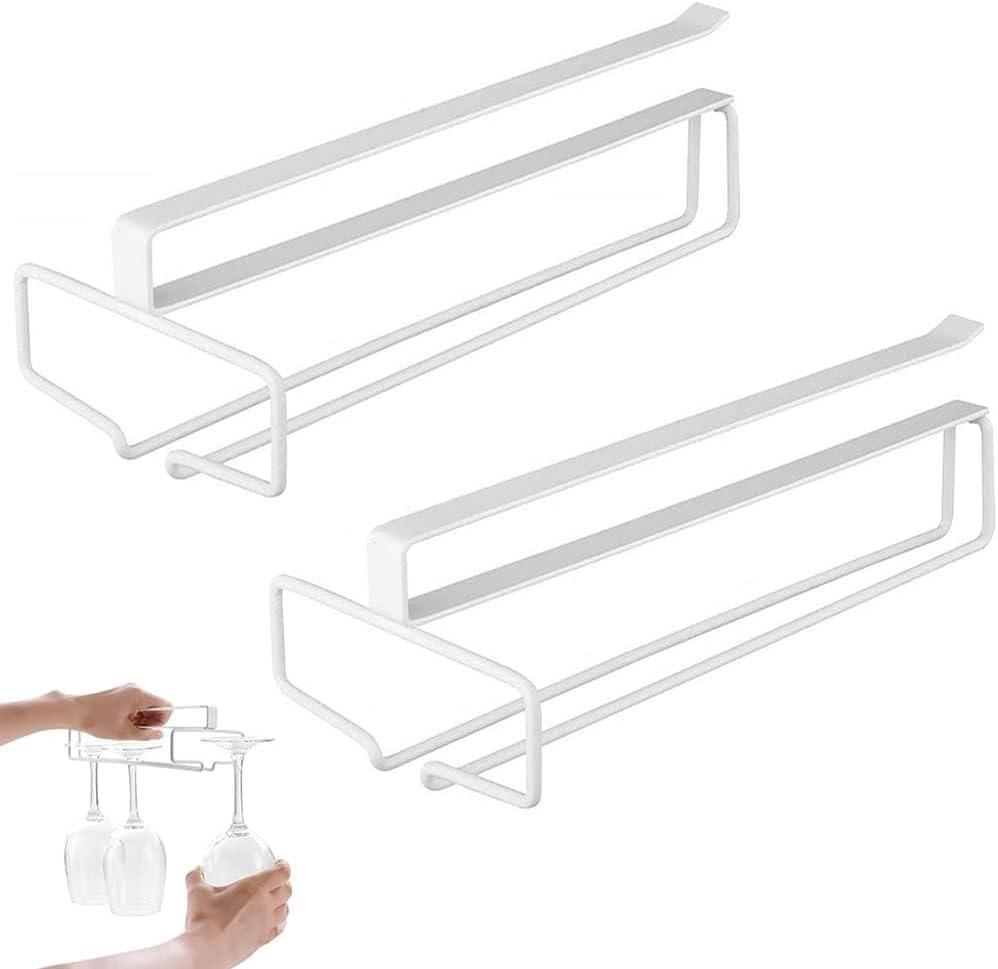 2 Wine Glasses Holder, 10 Inch Punch-free Glass Rack Holder Cabinet Storage Space-Saving for Kitchen Bar Home Wine Lovers (White)