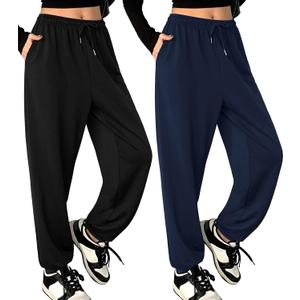 ASIMOON Womens Pants Lightweight Loose Casual Joggers Comfy Stretch Yoga Running Workout Lounge Pants with Pockets (XX-Large, Style B-black+navy Blue)