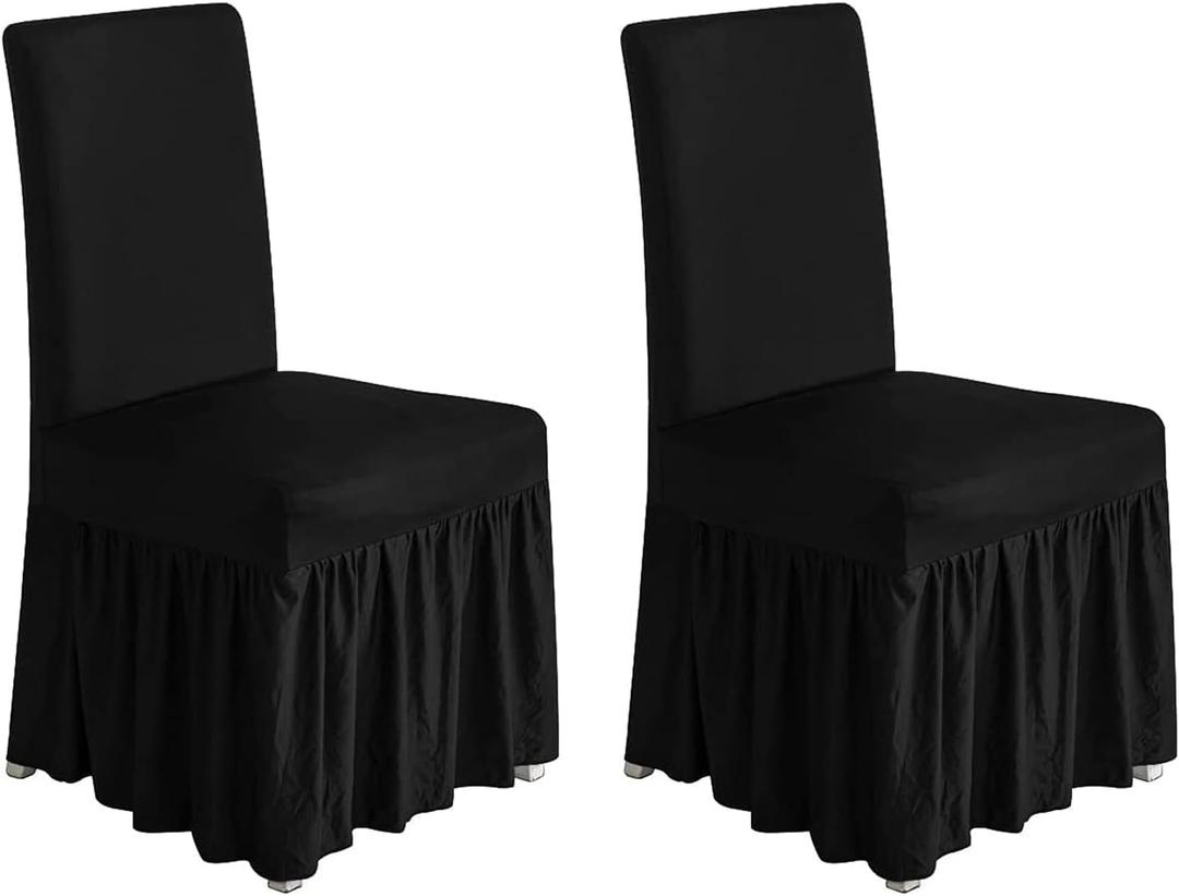 molasofa Chair Covers for Dining Room Set of 2 Stretch Chair Slipcovers with Skirt for Kitchen Seat Protectors Wedding Banquet Decor Kids Pets Spandex Fabric Washable (2pcs, Black)