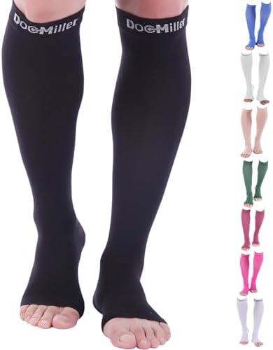 Doc Miller Open Toe Compression Socks, 20-30 mmHg, Toeless Compression Sleeves for Legs, Knee High Stockings for Shin Splints, Varicose Veins, Travel, Calf Support & Muscle Recovery, Men & Women, Pair