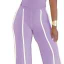 Ulovmi Women's Two Piece Outfit Slim Fit Top Wide Leg Pants Striped Tracksuit Loungewear Casual Outfit Set (Purple, L)