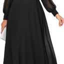 Pinup Fashion Women Plus Size Formal Dresses - Evening Gown Long Sleeve Chiffon Beading Maxi Dress (Black 1)