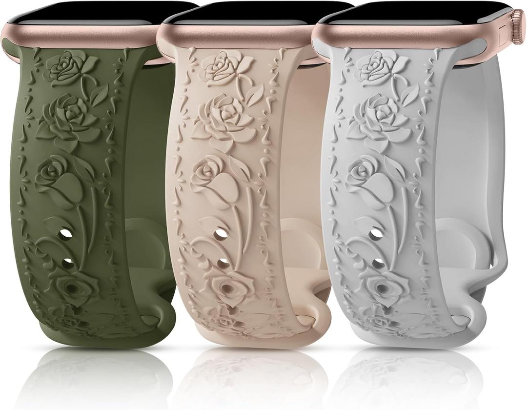 3 Packs Floral Engraved Bands Compatible with Apple Watch Band 40mm 41mm 38mm 42mm 44mm 45mm 49mm for Women, Silicone Cute Embossed Rose Apple Watch Band for iWatch Series 11 10 9 8 7 6 5 4 SE Ultra (army green/milk tea /white)
