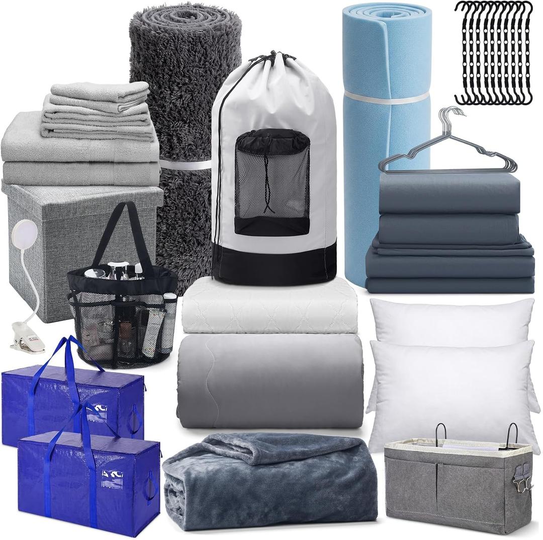 46 Pcs Gray College Dorm Essentials for Guy Complete Dorm Room Set, Twin XL