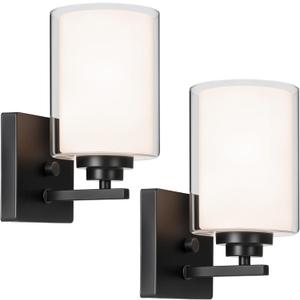 Set of 2 Wall Sconces for Bathroom, Modern Vanity Light Fixtures, Matte Black Wall Mount Lighting Lanterns, Farmhouse Wall Lights with Double Clear Glass Shade for Bedroom Living Room Mirror Hallway