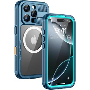 Lanhiem Magnetic for iPhone 16 Pro Max Case, IP68 Waterproof Dustproof Case, [Compatible with Magsafe] [Built-in Screen Protector] Full Body Heavy Duty Rugged Phone Cover 6.9 inch, Blue/Clear