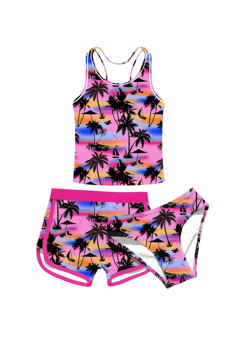 uideazone Girls 3 Piece Bathing Suit Summer UPF 50+ Racerback Swimsuit with Shorts Beach Tankini Sets 9Y