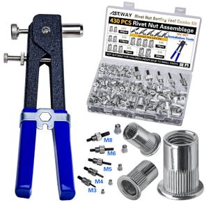 Pressure Rivet Nut Tool Kit, 430Pcs Metric Rivet Nut Combination (M8/M6/M5/M4/M3), Suitable for Furniture, Decoration, Automotive, Marine and Industrial Applications