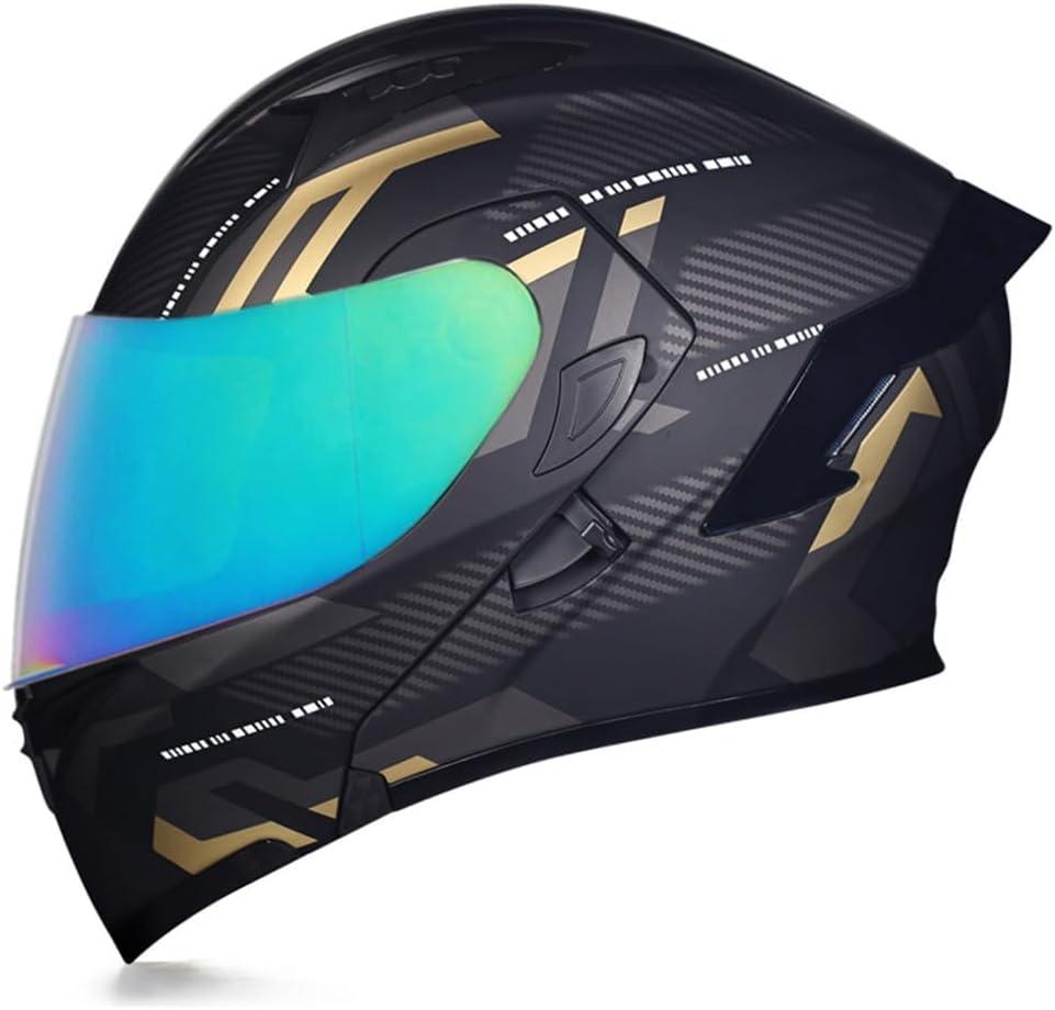 Full Face Flip Up Motorcycle Modular Helmet Integrated Motorbike Dual Visor for Adults Men Women Moped Street Racing DOT Approved (Medium, Count Black Gold - Multicolor Visor)