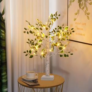 Birch Tree Lights 2ft, LED Fairy Light Tree with Green Leaves, USB/Battery Powered Tabletop Decor for Christmas, Home, Office, Spring,Wedding
