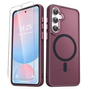 YENAPOON for Samsung Galaxy S25 Case, Matte Magnetic Phone Case with 1 Screen Protector, Support for Magsafe, Translucent Frosted Shockproof Protective Cover for Samsung Galaxy S25, Wine Red