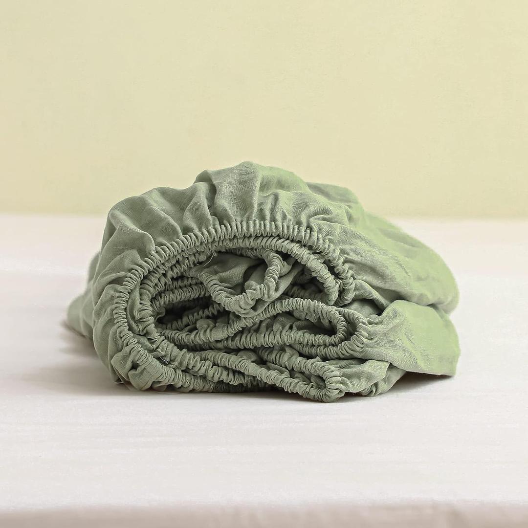 Simple&Opulence 100% Linen Fitted Sheet Twin(1 Piece), 14 Inch Deep Pocket Mattress Cover Natural French Flax Stone Washed Farmhouse Soft Breathable Bottom Sheets-Sage Green