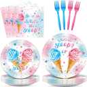96PCS Ice Cream Gender Reveal Party Paper Tableware What's the Scoop Gender Reveal Plates Party Supplies for Summer Ice Cream Theme He or She Boy or Girl Baby Shower Dinnerware Plates Napkins Forks