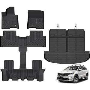 Floor Mats for Kia Sorento Hybrid & Plug-in Hybrid 6 & 7 Passenger 2021-2025 2026 (Only for HEV & PHEV), TPE Waterproof Non-Slip All Weather Protection Custom (Floor Mats & Cargo Liner & Seatback Mat)