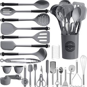 Kikcoin 43Pcs Large Kitchen Utensils Set - Silicone Cooking Utensils Set, Dishwasher Safe Spatula Set for Non-stick Cookware, 446F Heat Resistant Kitchen Utensils Set with Holder BPA Free, Grey (Gray)