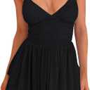 Women's Sexy V Neck Ruffled Hem Mesh Sleeveless Ruched Spaghetti Strap Flowy Mini Dress (Large, Black)