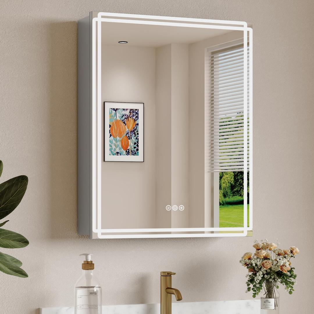 Buruis 16'' x 24'' Medicine Cabinet with Lights and Mirrors, Recessed or Wall Mounted Modern Bathroom Cabinet with 3-Mode Light, Anti-Fog, Dimmable, Memory Function, Outlet, Silver