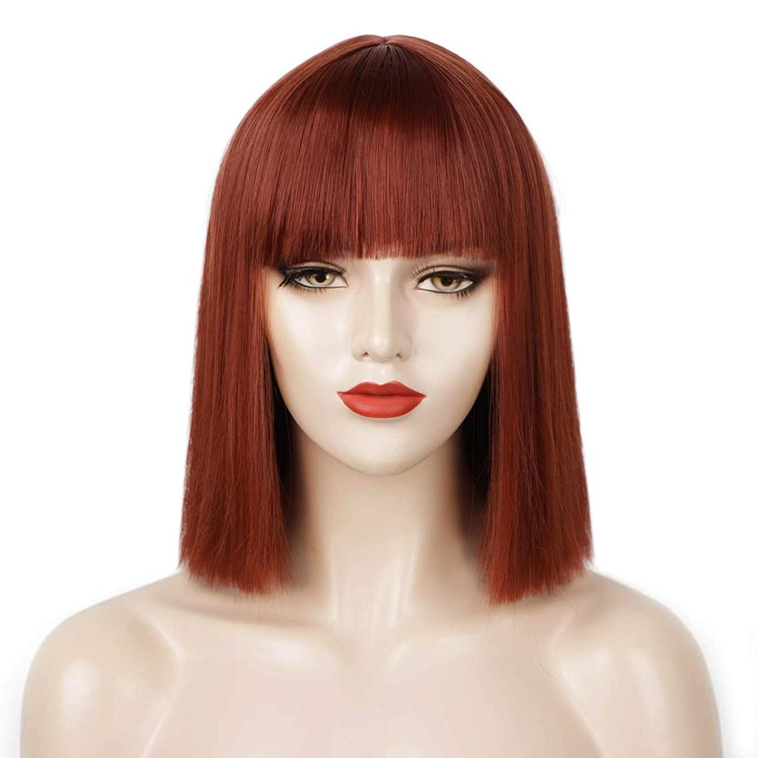 ENTRANCED STYLES Auburn wig with Bangs Short Bob Wigs for Women Dark Orange Synthetic Straight Hair Bob Cut Wig Copper Red Shoulder Length Fashion Colored Wigs Daily Party Cosplay Use (12 Inch)