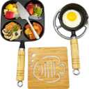 2-Piece Cast Iron Egg Skillet Set - Camping Cookware with Heat-Resistant Wooden Handles, Non-Stick 4-Compartment Pan & Small Single-Skillet for Home & Outdoor Use