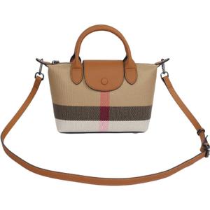 Mini Vintage Plaid purse handbags for women Small adjustable structured satchel purses Stiff canvas Genuine Leather, 8.66X7.08X3.80 INCH