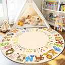 Bolacrom Kids Rugs for Playroom, 4'x4' Round Educational Rug for Learn The ABC Alphabet, Soft Machine Washable Non-Slip Cute Animal Carpet for Classroom Toddler Nursery Kids Room Decor Mat, Beige