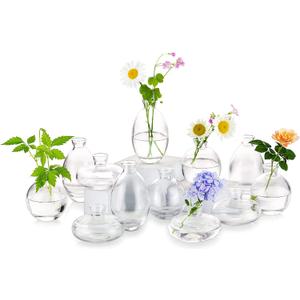 Glass Bud Vases Set of 12, Hewory Cute Clear Small Vases Handmade, Mini Glass Flower Vase for Floral Arrangement, Tiny Centerpiece for Wedding Party Events Home Office Table Decor (Not Include Flower)
