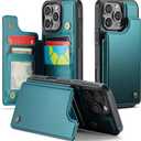 Compatible with iPhone 16 Pro Max 6.9" Wallet Case with Card Holder RFID Blocking for Women Men, Double Magnetic Clasp Kickstand Shockproof Phone Case Fit for iPhone 16 Pro Max, Bluish Green