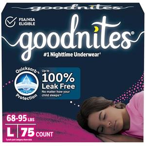 Goodnites Girls' Nighttime Bedwetting Underwear, Size Large (68-95 lbs), 75 Ct (3 Packs of 25), Packaging May Vary