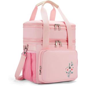 Large Lunch Bag Box for Women - Dual Compartment Waterproof Reusable Insulated Lunch Box for Women Wide-Open Tote Cooler Bag For Working Picnic Hiking (16L, Pink)