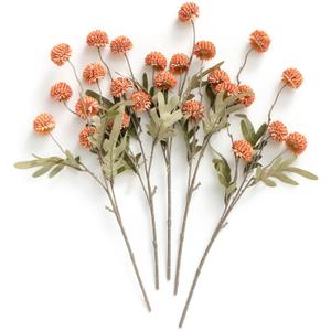 Ling's moment Pompon Mum Artificial Flower, 5pcs Faux Silk Mini Chrysanth with Stems, Bulk Fake Wedding Filler Flowers for DIY Bouquet Centerpieces Arrangements Shower Decorations, Burnt Orange