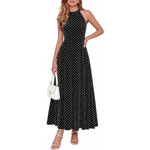 PRETTYGARDEN Summer Halter Dresses for Women 2026 Vacation Outfits Sleeveless Polka Dot Sundress Wedding Guest Maxi Dress (Black, M)