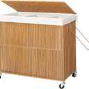WOWLIVE Laundry Hamper with Wheels, 160L Handwoven Rolling Laundry Basket 3 Section with Lid, Clothes Hamper with Removable Liner Bags, Large Capacity Laundry Sorter Laundry Room Organization, Natural