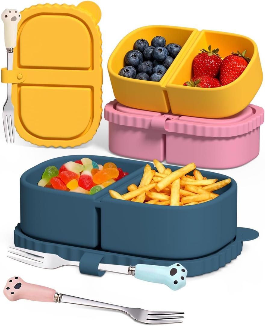 3 Pack Reusable Silicone Snack Containers, 8 oz Double Compartment Portable Snack Box with 3 Forks, Small Leakproof Food Storage Containers with Lids for Salad Dressing Sauce