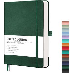 RETTACY Dotted Journal Notebook, 256 Pages, A5 Medium Size (5.7'' × 8.3''), Leather Hardcover, 120 GSM Thick Paper, for Journaling, Planning, Tracking (Dark Green)