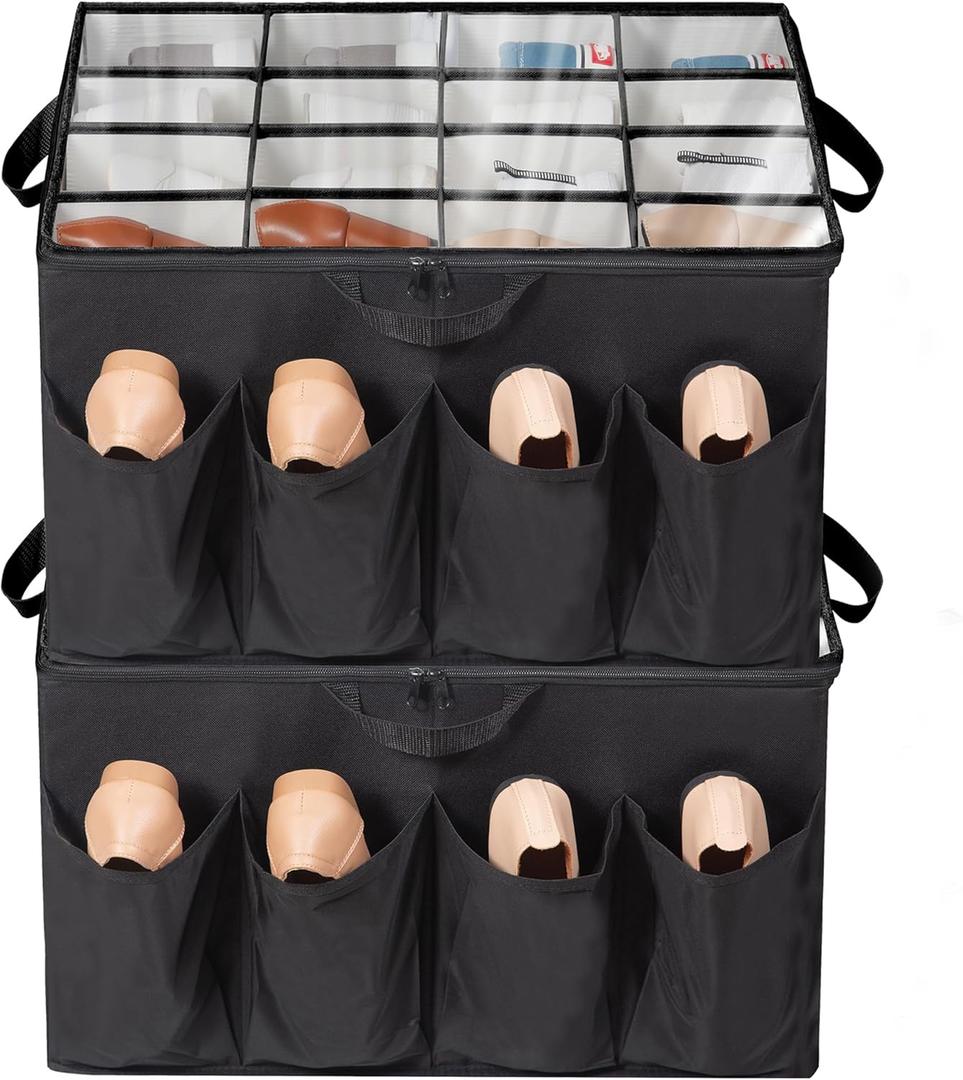 Shoe Organizer for Closet, Shoe Storage Solution with Clear Cover & Adjustable Dividers, Fabric Shoe Box Fits 16 +8 Pairs Shoes, Black, 2-Pack