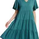 Womens Casual Tiered Swing Midi Dress Ruffle Sleeve V Neck A Line Petite Summer Dresses with Pockets (Deep-green)