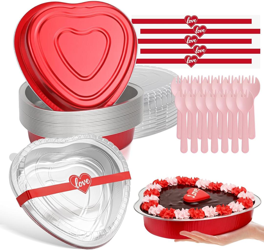 33oz Heart Shaped Cake Pans with Lids and Spoons,15pcs Aluminum Foil Disposable Heart Baking Cups,Cupcake Liners Tins Containers for Parties, Weddings