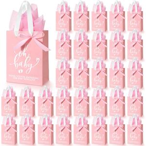 PerKoop 50 Packs Baby Shower Gifts Bags Bulk Baby Shower Favor Bags with Handle Paper and 50 Sheets Decorative Tissue Paper for Guests Gifts Gender Reveal(Pink)