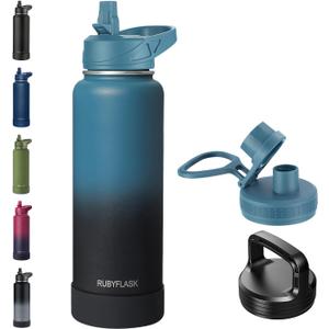 RUBYFLASK 40oz Insulated Water Bottle with Straw, Stainless Steel Metal Vacuum Water Flask, Large Thermal Water bottle with Leakproof 3 Lids for Travel, Camping, Gym Sports Indigo Black