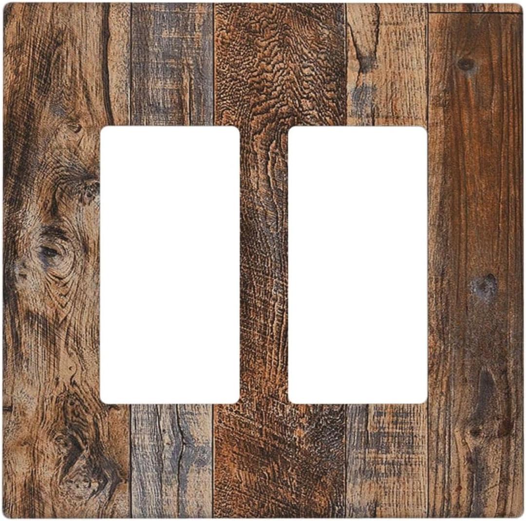 Rustic Brown Wood Grain 2 Gang Wall Plate Cover Double Rocker Light Switch Cover Decorative GFCI Receptacle Cover Electrical Switchplate for Bathroom Bedroom Decor 4.5 X 4.6 IN