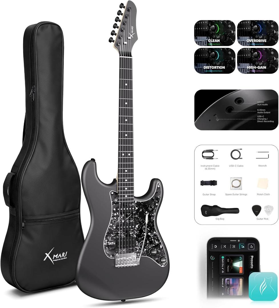 Enya XMARI Smart Electric Guitar with Built-in DSP Effects, 4 Presets, USB-C OTG Recording, Headphone Output, Custom Ceramic Pickups, Carbon Fiber Body, with Gig Bag, Strap, Cable & Picks
