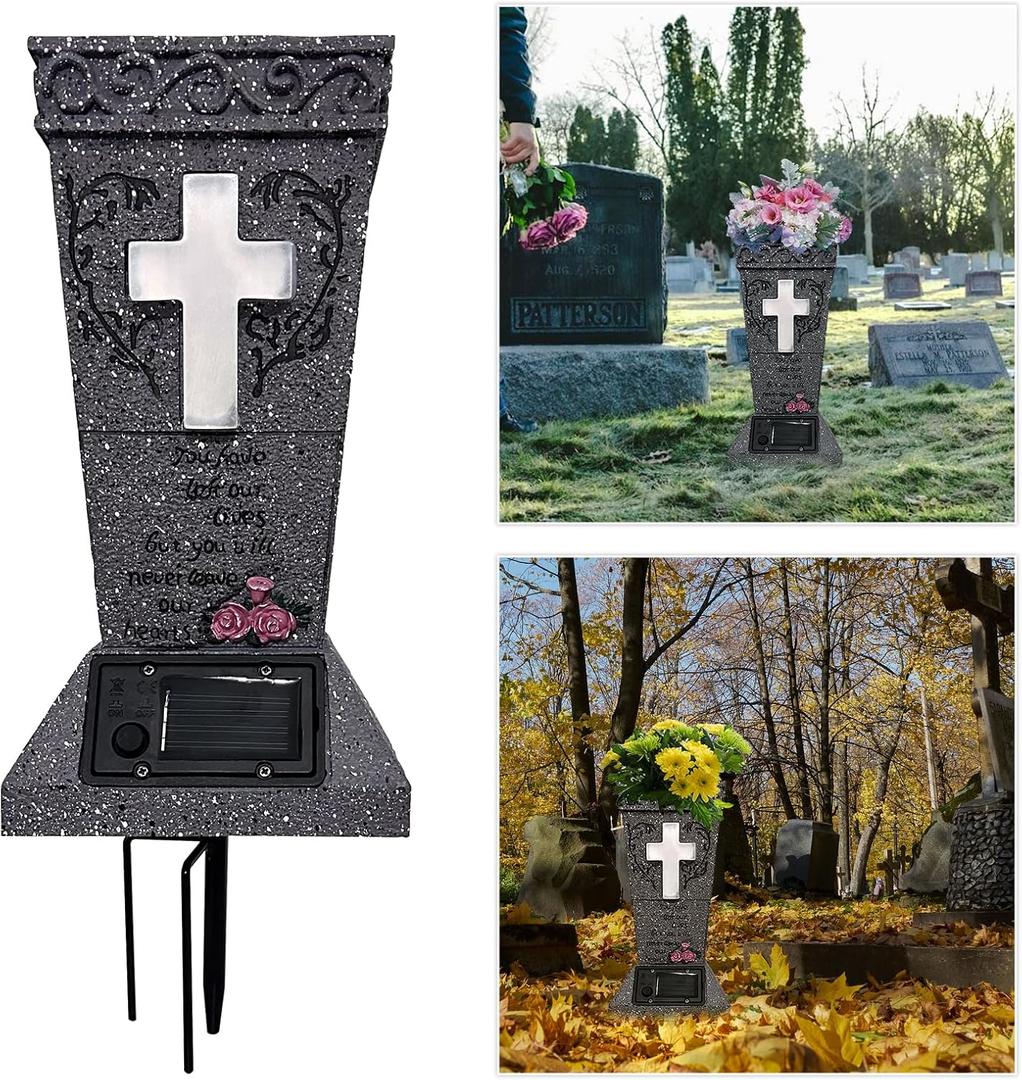 Solar Cemetery Vase with LED Cross Lamp Memorial Flower Holder with Spike Headstones Vases Gravestone Garden Decorations Condolence Gifts for Loss of Loved One