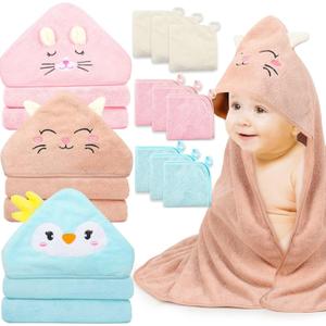 12 PCS Hooded Baby Towels, Soft Baby Towels, Absorbent Baby Bath Towels, 3 PCS Baby Towels, and 9 PCS Baby Washcloths for Newborns, Toddlers, and Kids, 32x32 in Baby Towels with Hood for Boy and Girl