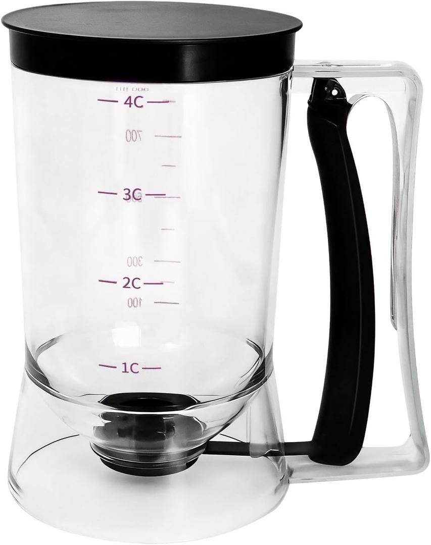 Pancake Batter Dispenser, Kitchen Must Have Tool for Perfect Pancakes, Cupcake, Waffle, Cake & Crepe, Batter Separator Maker with Measuring Label, Easy Pour Baking Supplies for Griddle (Black)