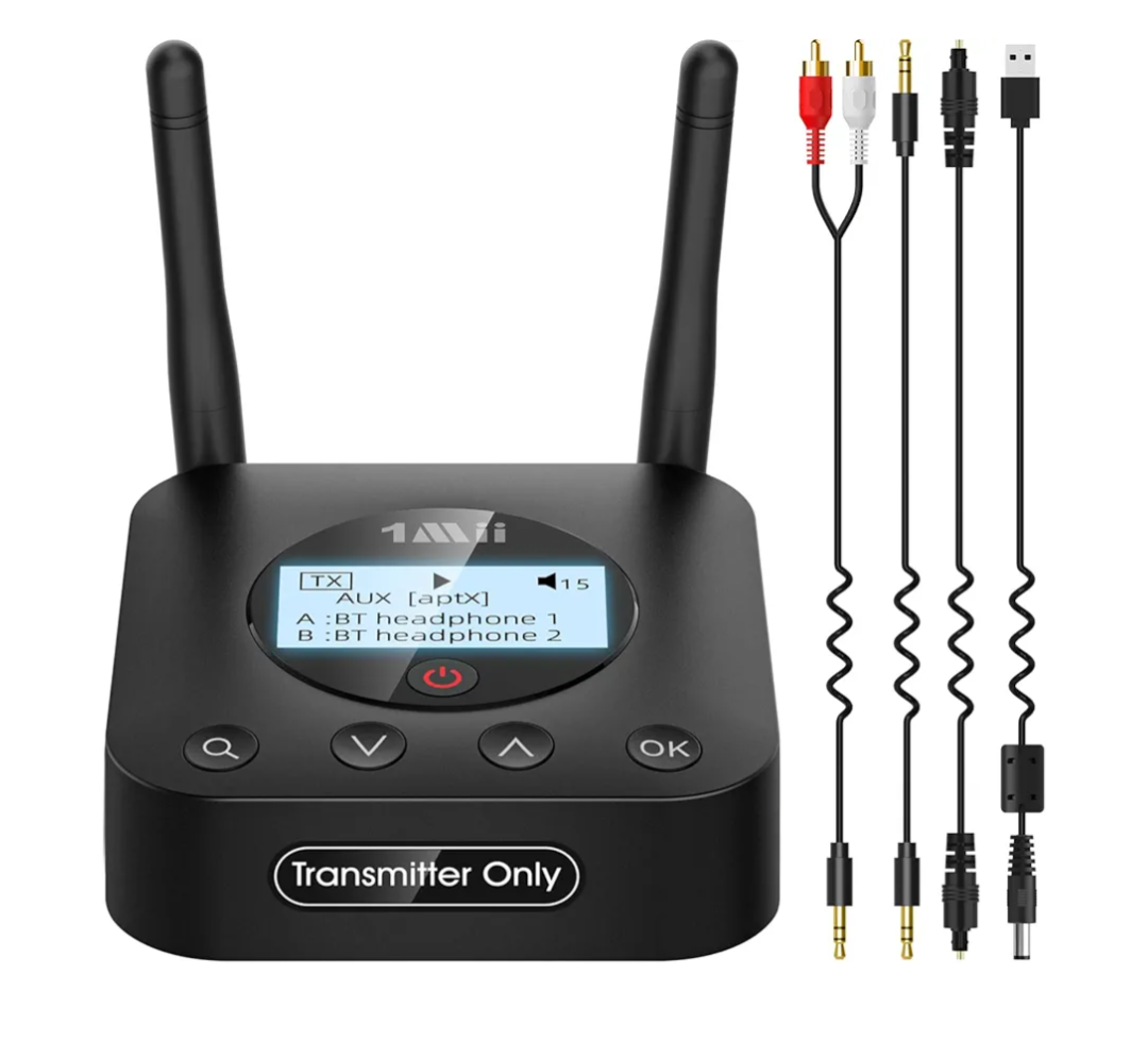 1Mii B06TX+ Long Range Bluetooth 5.3 Transmitter for TV/PC/Projector to 2 Wireless Headphones/Speakers, Bluetooth Adapter for TV w/Screen Display, Plug n Play, aptX Low Latency & Adaptive & HD Audio