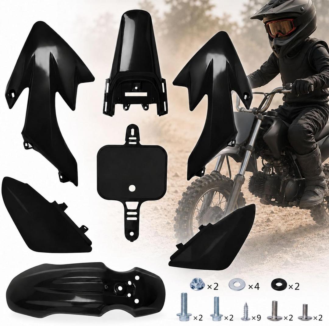 Podoy CRF50 Plastics Kit ABS Body Fender Fairing Set 7PCS with Bolt (Black) | Compatible with CRF50F CRF 50 XR50 SDG SSR 110 125 Coolster 125 Baja DR70 50cc-160cc Pit Dirt Bikes, Complete Fairing Set