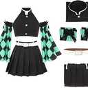 Women's Kamado Tanjirou Cosplay Costume Set Vest Pleated Skirt Sleeve with Belt for Adult,Large