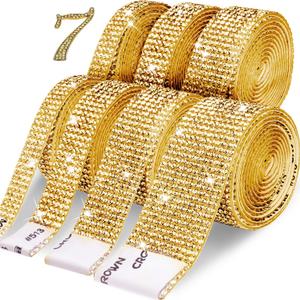 Rhinestone Ribbon 7 Rolls 7 Yards Self Adhesive Diamond Bling Rhinestones Strips, Crystal Rhinestone Tape Diamond Ribbons Wrap Glittering Stickers for Crafts Arts Car DIY Decoration, Gold, 4 Size (7 Yards(0.35"/0.51"/0.67"x2yd+ 1"x1yd))
