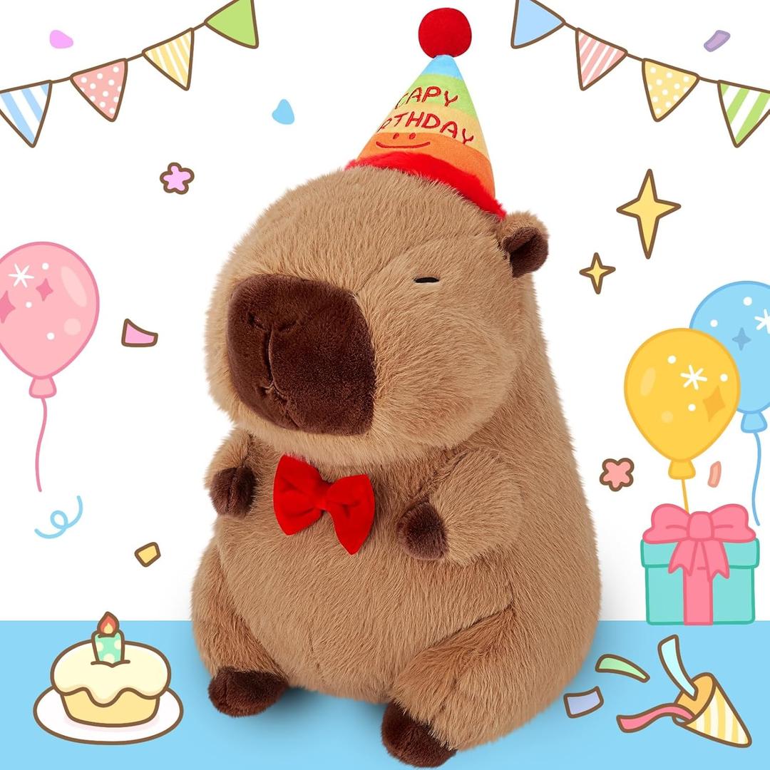 Achwishap Capybara Plush,Happy Birthday Capybara Stuffed Animal,Cute Plushies Capybaras Plush Toys,Kawaii Plushie Stuffed Toy with Birthday Hat Plushie for Kids Adults Birthdays Gifts,Brown 12